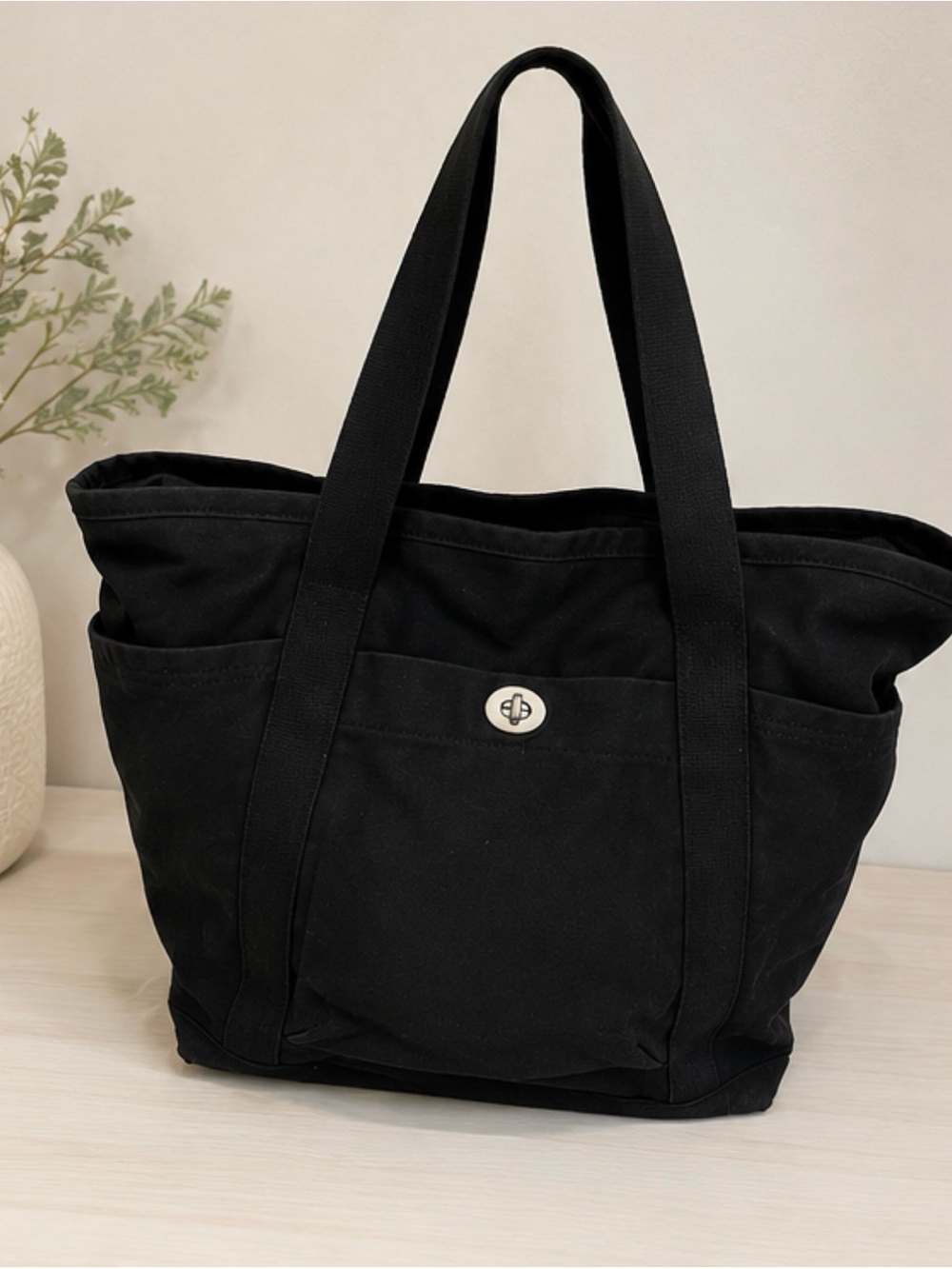 Banana Republic Black Canvas Tote with Turn-Lock Pocket